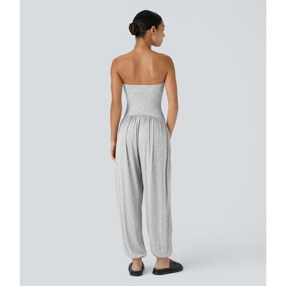 NWT Halara Ribbed Tube Backless Side Pocket Casual Jumpsuit Fog Gray Size L - Picture 3 of 12